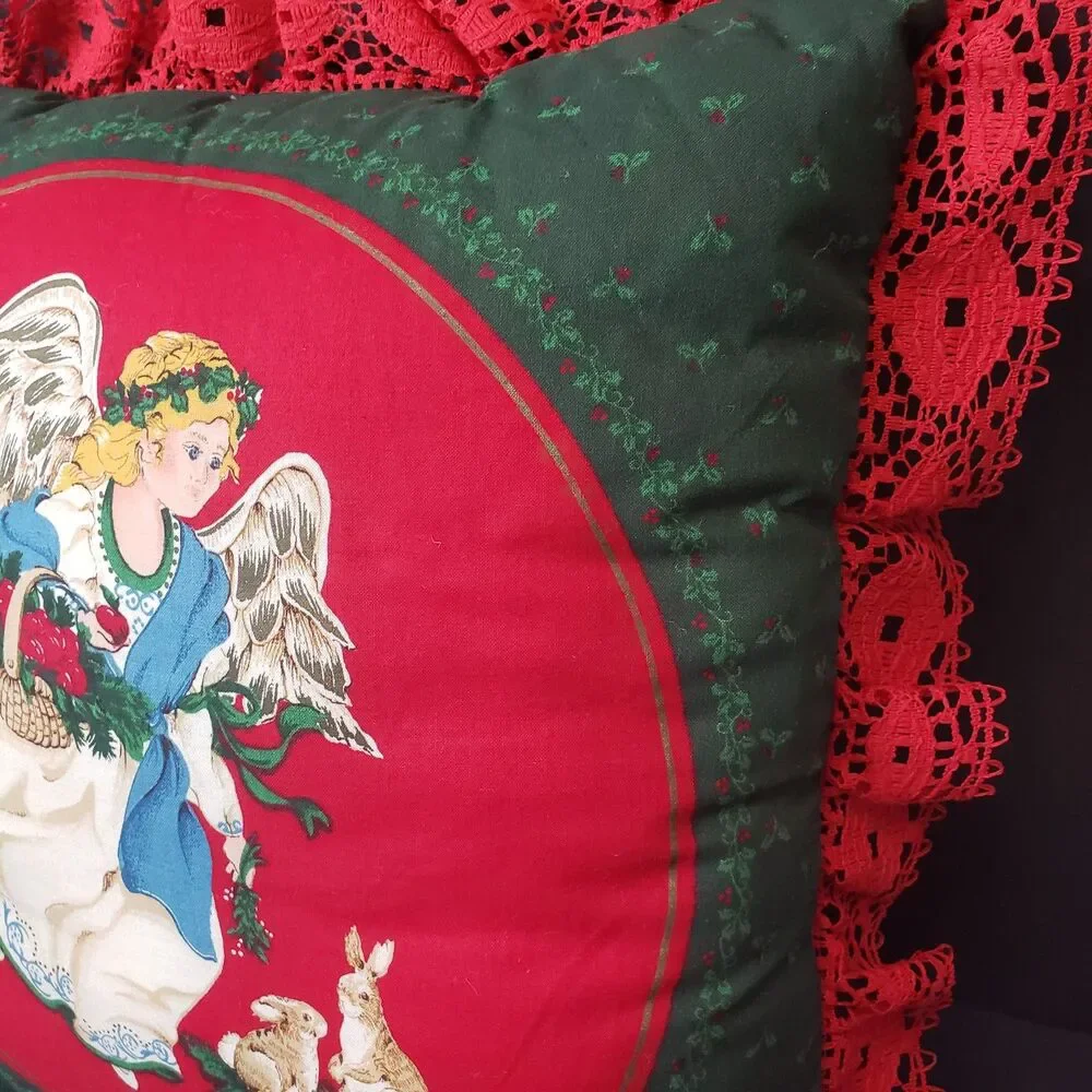 Vintage Victorian Style Red Lace Christmas Angel Throw Pillow 15x15